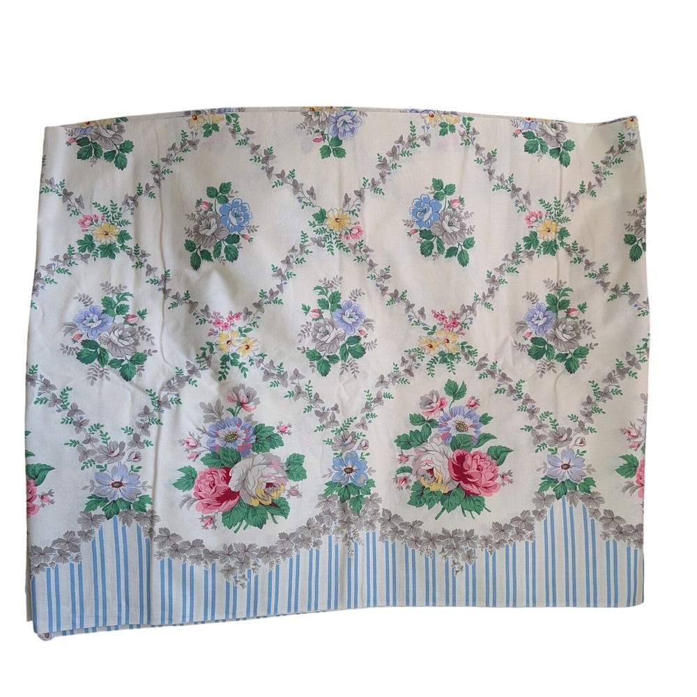 Vintage Floral Trellis Fabric Blue Stripe Border Pink Roses Cotton 132"x53"